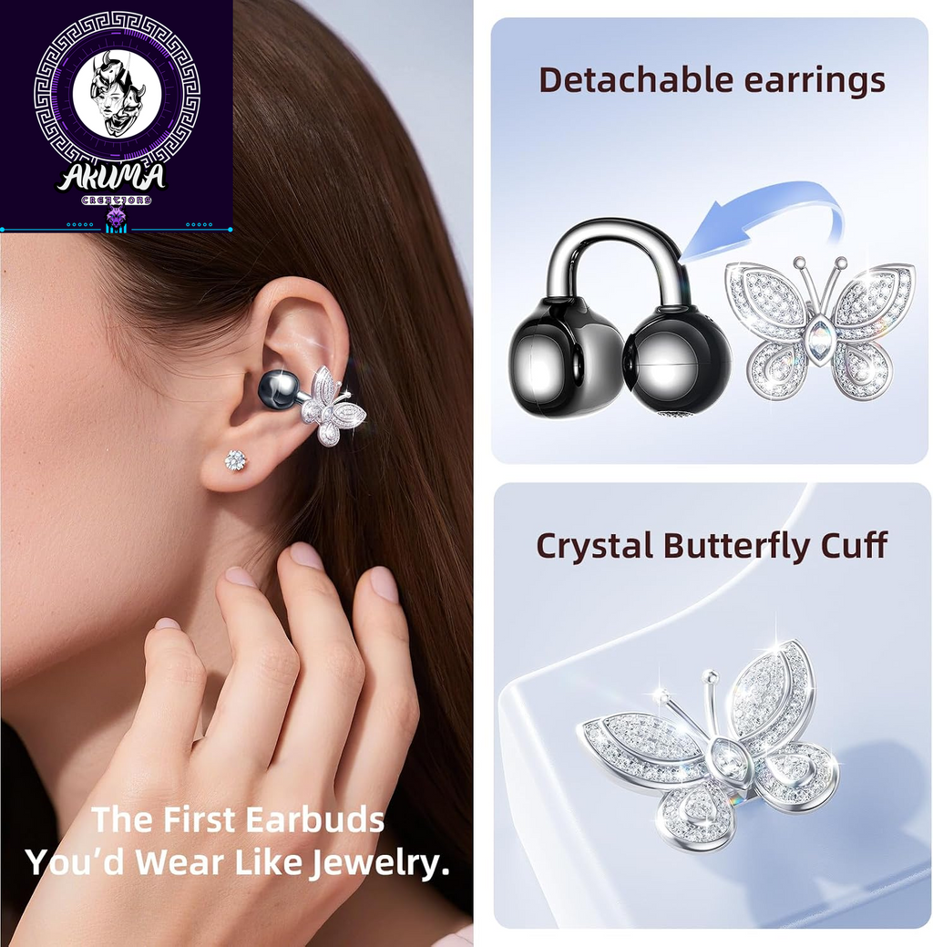 Jewelry-Inspired Clip-On Earbuds with Butterfly Earrings (black)